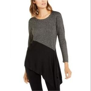 Alfani Black Gold Metallic Knit Colorblock Asymmetrical Sweater Petite Small NWT